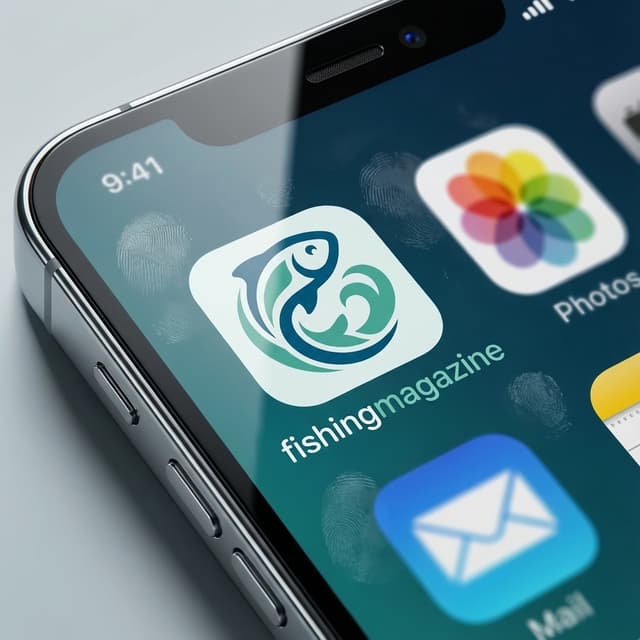 fishingmagazine.com.au logo displayed as an iOS app icon on an iPhone home screen