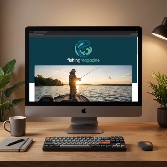 AI-generated fishingmagazine.com.au logo — a stylised fish and wave mark in ocean teal