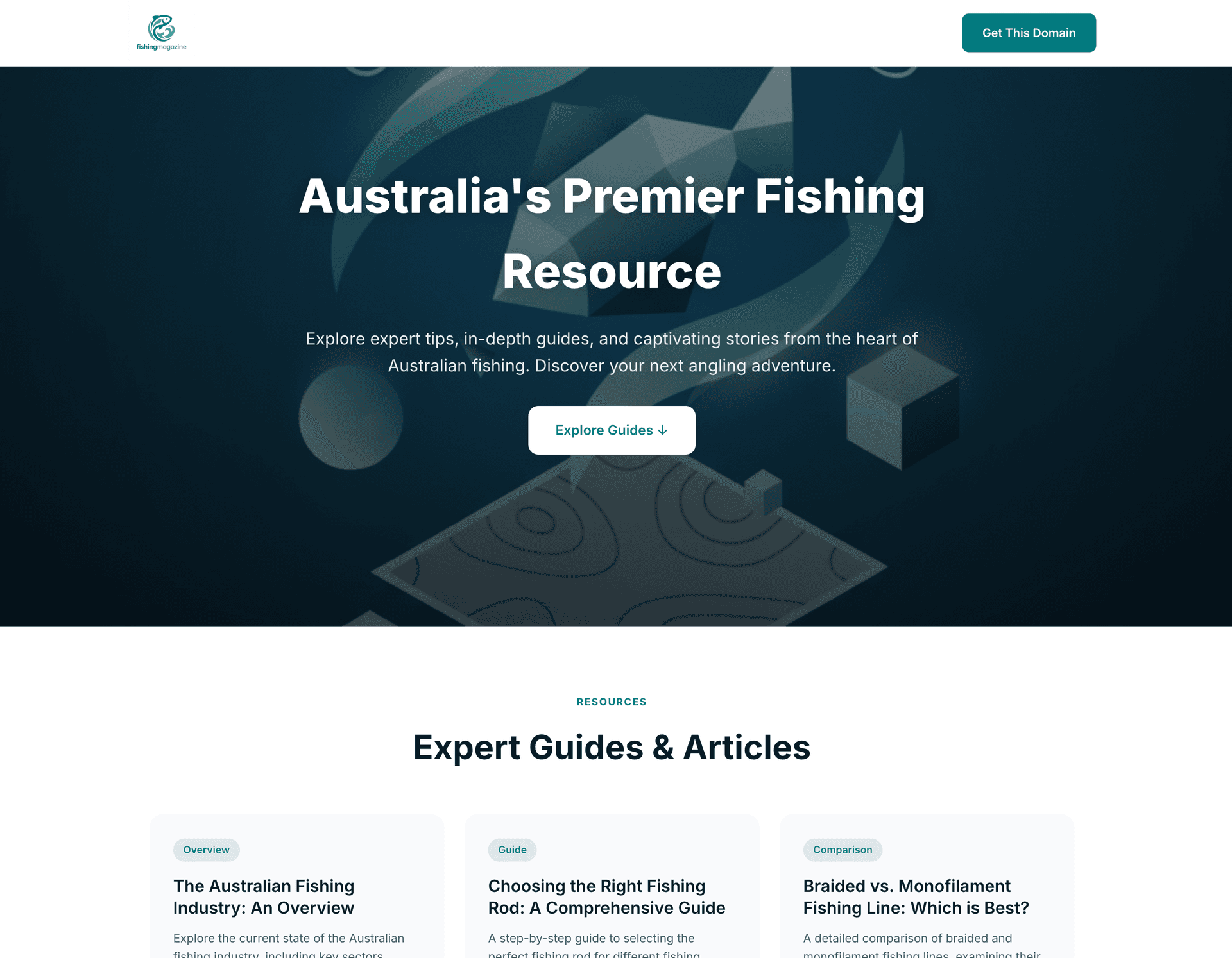 AI-generated fishingmagazine.com.au website showing hero section, guides, and articles